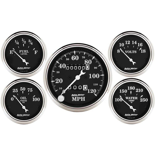 Auto Meter Gauge Kit 5 pc. 3 1/8in & 2 1/16in Mechanical Speedometer Old Tyme Black - 1708