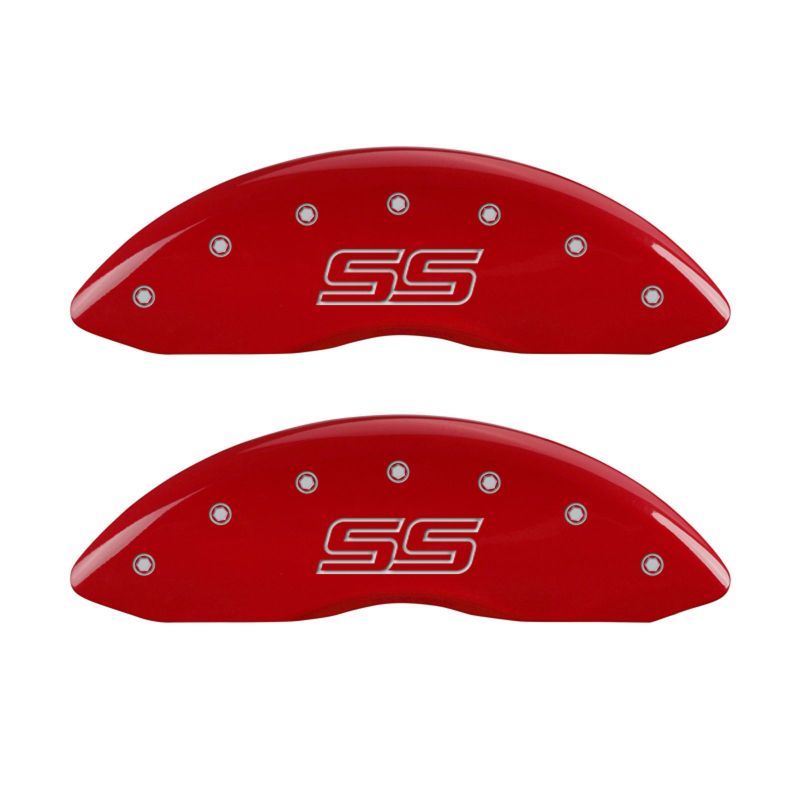 MGP 4 Caliper Covers Engraved Front & Rear Trailblazer style/SS Red finish silver ch - 14030STSSRD