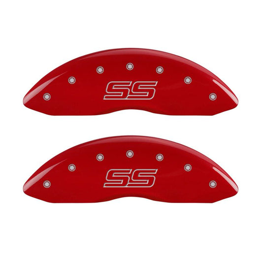 MGP 4 Caliper Covers Engraved Front & Rear Trailblazer style/SS Red finish silver ch - 14031STSSRD