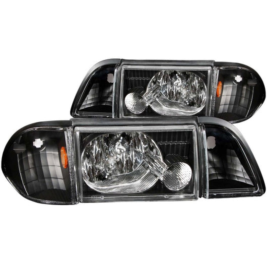 ANZO 1987-1993 Ford Mustang Crystal Headlights Black w/ Corner Lights 2pc - 121192