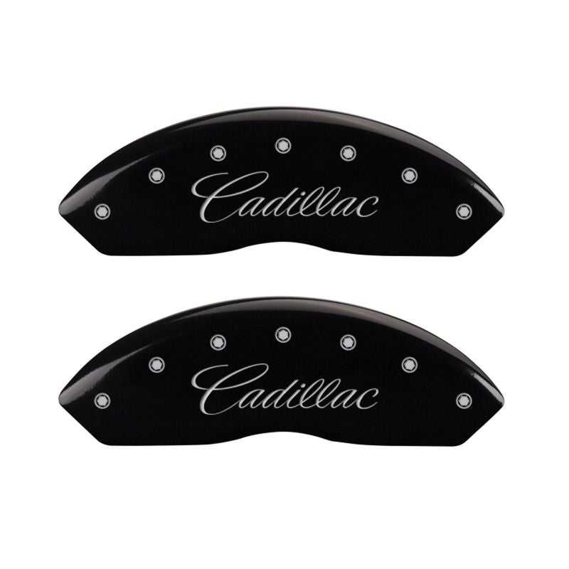 MGP 4 Caliper Covers Engraved Front Cursive/Cadillac Engraved Rear STS Black finish silver ch - 35002SSTSBK