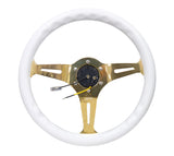 NRG Classic Wood Grain Steering Wheel (350mm) White Grip w/Chrome Gold 3-Spoke Center - ST-015CG-WT