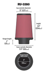 K&N Filter Universal Rubber Filter 6 inch Flange 7.5 inch Base 5 inch Top 10 inch Height - RU-3280