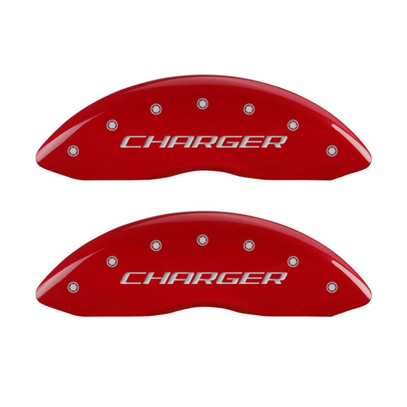 MGP 4 Caliper Covers Engraved Front & Rear Block/Charger Red finish silver ch - 12162SCHBRD