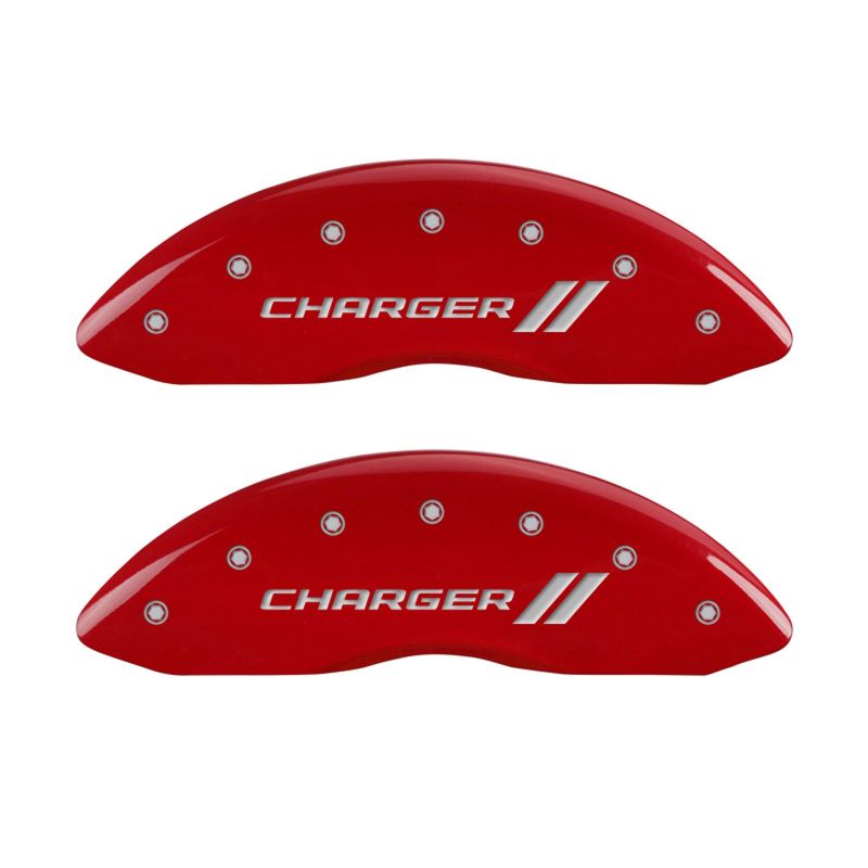 MGP 4 Caliper Covers Engraved Front & Rear With stripes/Charger Red finish silver ch - 12162SCH1RD