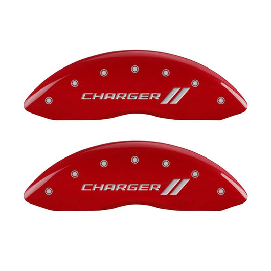 MGP 4 Caliper Covers Engraved Front & Rear With stripes/Charger Red finish silver ch - 12181SCH1RD