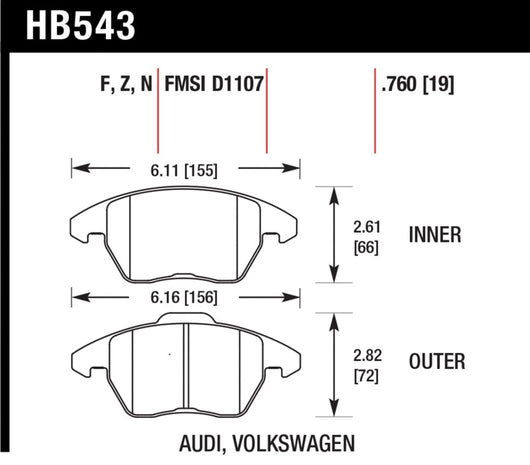 Hawk Audi A3 Quattro / VW EOS / Golf / Jetta / Passat / Rabbit Performance Ceramic Front Brake Pads - HB543Z.760