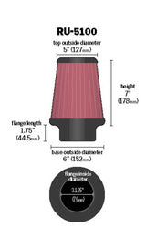 K&N Universal Clamp-On Air Filter 3-1/8in FLG / 6in B / 5in T / 7in H - RU-5100