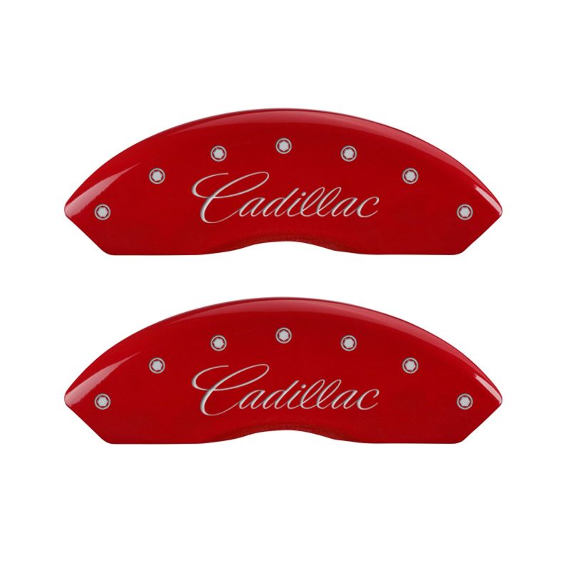 MGP 4 Caliper Covers Engraved Front Cursive/Cadillac Engraved Rear SRX Red finish silver ch - 35002SSRXRD