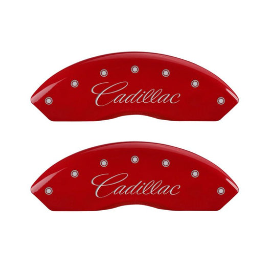 MGP 4 Caliper Covers Engraved Front & Rear Cursive/Cadillac Red finish silver ch - 35010SCADRD