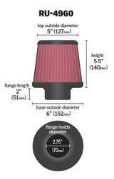 K&N Filter Universal Rubber Filter 2 3/4 inch Flange 6 inch Base 5 inch Top 5 1/2 inch Height - RU-4960