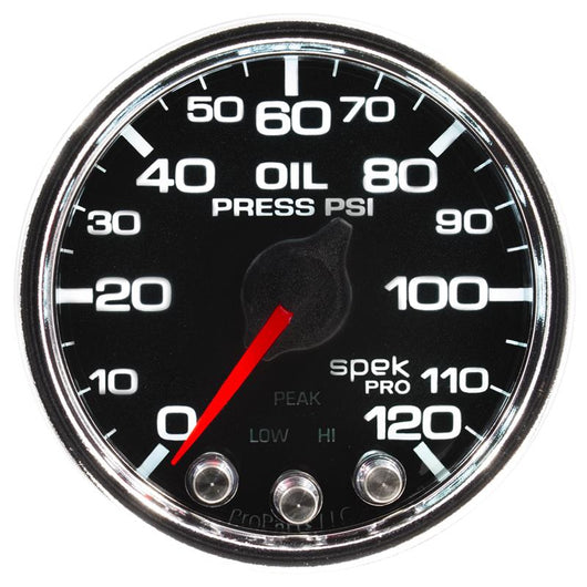 Autometer Spek-Pro Gauge Oil Press 2 1/16in 120psi Stepper Motor W/Peak & Warn Blk/Chrm - P32531