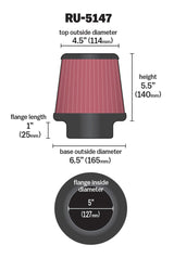 K&N Filter Universal Rubber Filter 5in Flange 6.5in Base 4.5in Top 5.5in Height - RU-5147