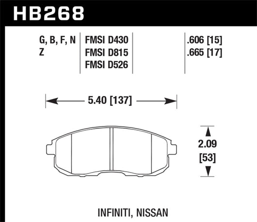 Hawk 03-04 G35/03-05 G35X/ 02-05 350z w/o Brembo Performance Ceramic Street Front Brake Pads - HB268Z.665