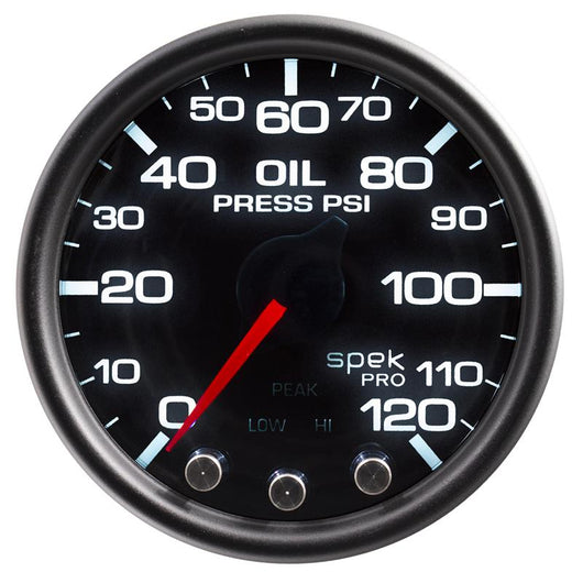 Autometer Spek-Pro Gauge Oil Press 2 1/16in 120psi Stepper Motor W/Peak & Warn Blk/Smoke/Blk - P32552