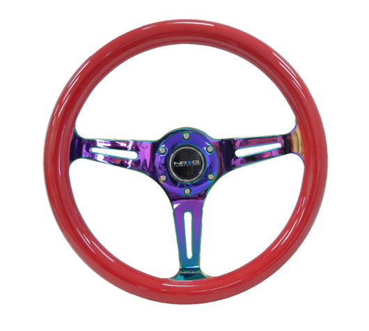NRG Classic Wood Grain Steering Wheel (350mm) Red Grip w/Neochrome 3-Spoke Center - ST-015MC-RD