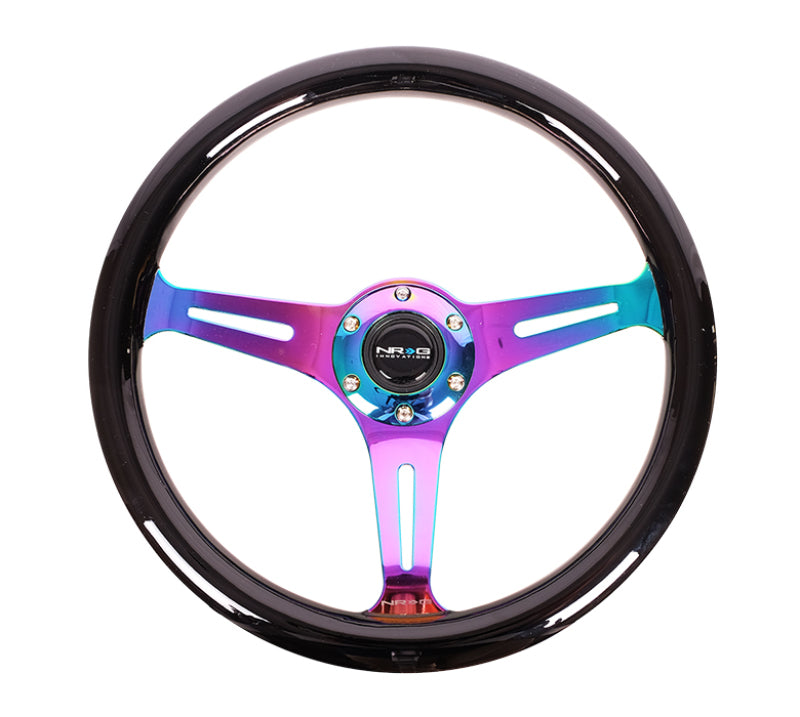 NRG Classic Wood Grain Steering Wheel (350mm) Black Paint Grip w/Neochrome 3-Spoke Center - ST-015MC-BK