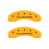 MGP 4 Caliper Covers Engraved Front & Rear Silverado style/SS Black finish silver ch - 14034SSS3BK