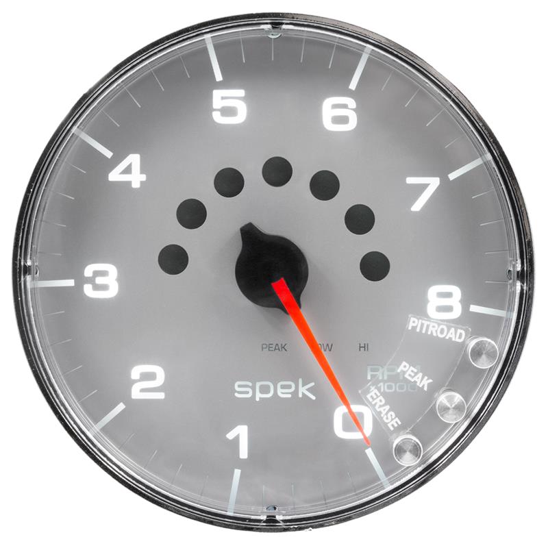 Autometer Spek-Pro Gauge Tachometer 5in 8K Rpm W/Shift Light & Peak Mem Silver/Chrome - P238218