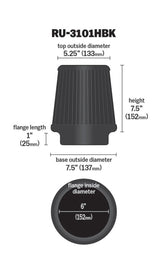 K&N Universal Rubber Filter Round Tapered 6in Flange ID x 7.5in Base OD x 5.25in Top OD x 8in Height - RU-3101HBK