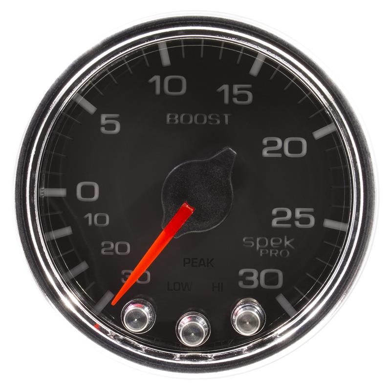 Autometer Spek-Pro Gauge Vac/Boost 2 1/16in 30Inhg-30psi Stepper Motor W/Peak & Warn Black/Chrome - P30231
