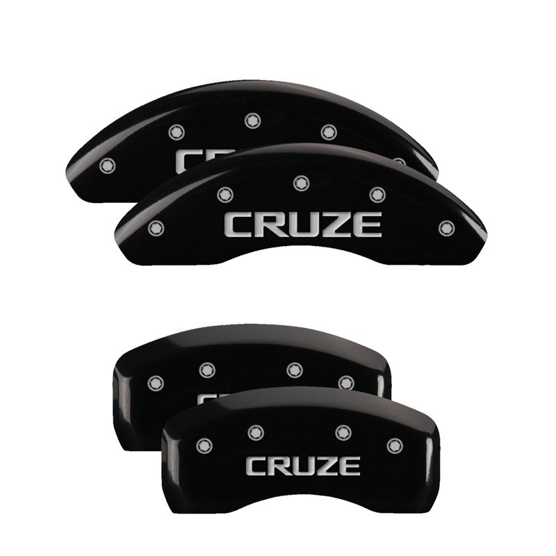 MGP 4 Caliper Covers Engraved Front & Rear Bowtie Black Finish Silver Char 2019 Chevrolet Bolt EV - 14246SBOWBK