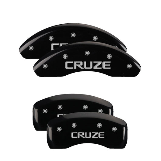 MGP 4 Caliper Covers Engraved Front & Rear Bowtie Black Finish Silver Char 2019 Chevrolet Bolt EV - 14246SBOWBK