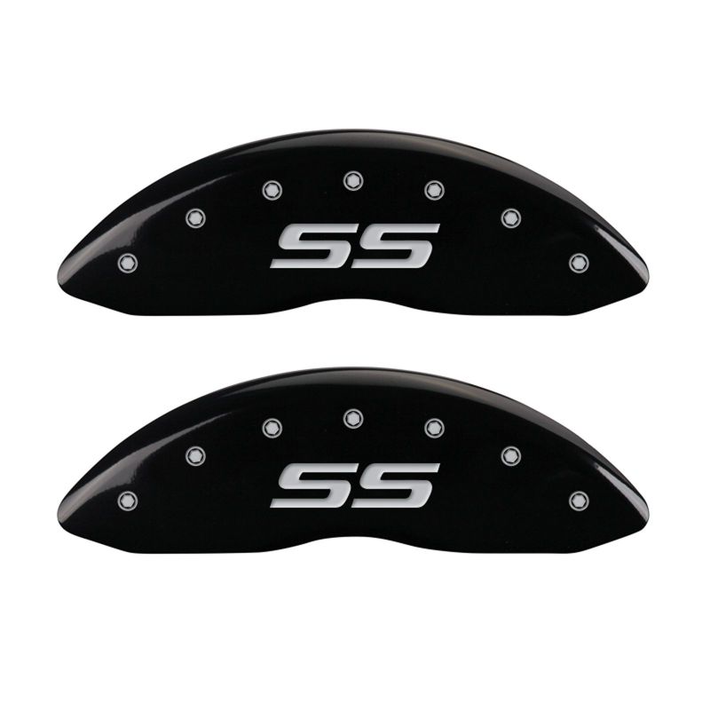 MGP 4 Caliper Covers Engraved Front & Rear Monte Carlo style/SS Black finish silver ch - 14217SSS4BK