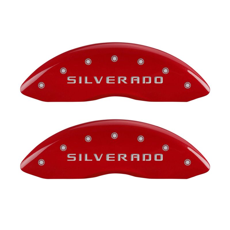 MGP Front set 2 Caliper Covers Engraved Front Silverado Red finish silver ch - 14207FSILRD