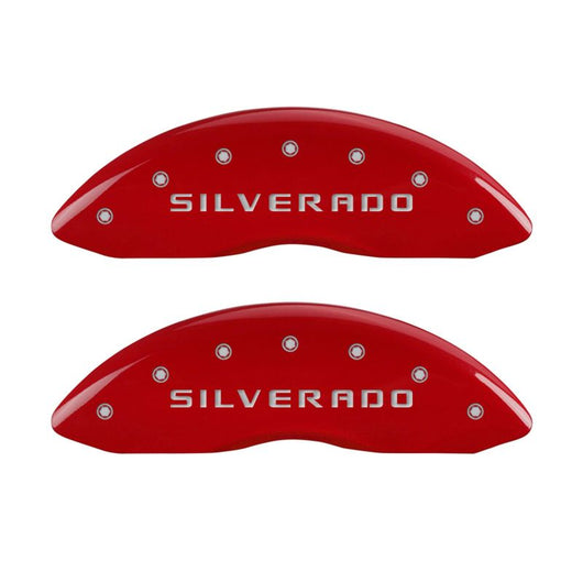 MGP Front set 2 Caliper Covers Engraved Front Silverado Red finish silver ch - 14207FSILRD