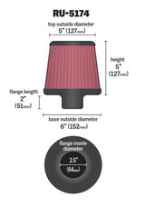 K&N Universal Rubber Filter-Round Tapered 2.5in Flange ID x 6in Base OD x 5in Top OD x 5in Height - RU-5174