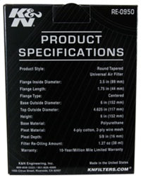 K&N Universal Rubber Filter 3 1/2inch ID FLG / 6inch Base / 4-5/8inch Top / 6inch Height - RE-0950