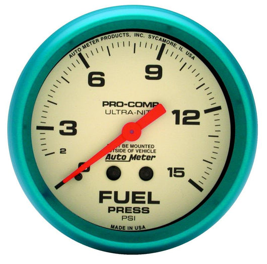 Autometer Ultra-Nite 2-5/8in 15psi Mechanical Glow In The Dark Fuel Pressure Gauge - 4211