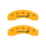 MGP 4 Caliper Covers Engraved Front & Rear With stripes/Charger Yellow finish black ch - 12088SCH1YL