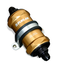 Fuelab 818 In-Line Fuel Filter Standard -8AN In/Out 75 Micron Stainless - Gold - 81822-5