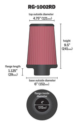 K&N Universal Air Filter Chrome Round Tapered Red - 4in Flange ID x 1.125in Flange Length x 9.5in H - RG-1002RD