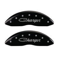 MGP 4 Caliper Covers Engraved Front & Rear Cursive/Charger Black finish silver ch - 12088SCHSBK