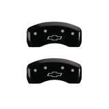 MGP 4 Caliper Covers Engraved Front & Rear Bowtie Black Finish Silver Char 2019 Chevrolet Bolt EV - 14246SBOWBK