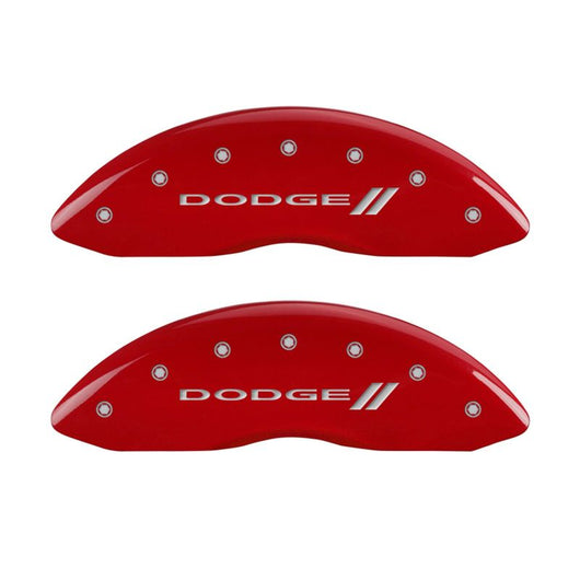 MGP 4 Caliper Covers Engraved Front & Rear With stripes/Dodge Red finish silver ch - 12134SDD3RD