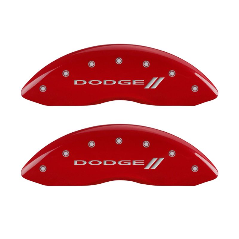 MGP 4 Caliper Covers Engraved Front & Rear With stripes/Dodge Red finish silver ch - 12181SDD3RD