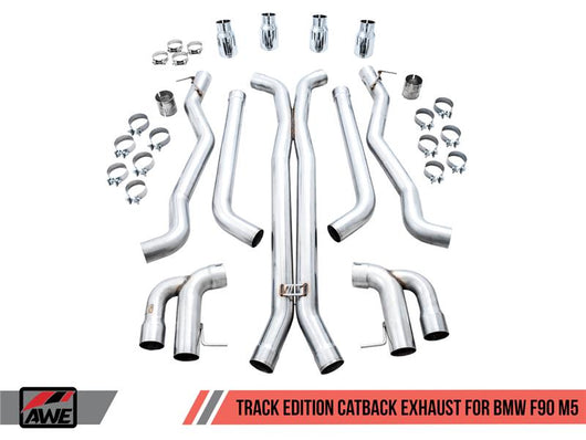 AWE Tuning 18-19 BMW M5 (F90) 4.4T AWD Cat-back Exhaust - Track Edition (Chrome Silver Tips) - 3020-42070
