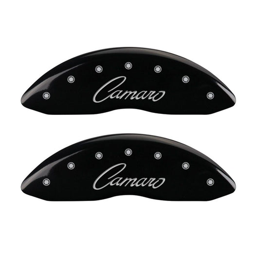 MGP 4 Caliper Covers Engraved Front & Rear Cursive/Camaro Black finish silver ch - 14033SCCSBK
