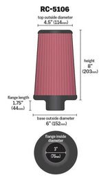 K&N Universal ChromeRound Tapered Air Filter 3in Flange ID / 6in Base OD / 4.5in Top OD / 8in Height - RC-5106