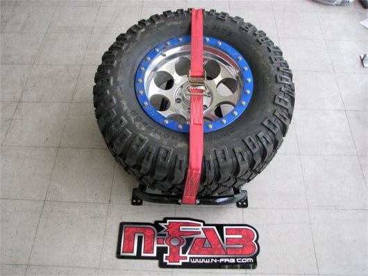 N-Fab Bed Mounted Tire Carrier Universal - Gloss Black - Red Strap - BM1TCRD
