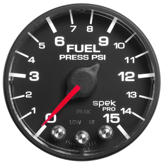 Autometer Spek-Pro Gauge Fuel Press 2 1/16in 15psi Stepper Motor W/Peak & Warn Blk/Blk - P315328