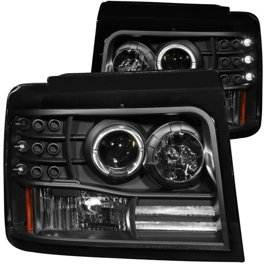 ANZO 1992-1996 Ford F-150 Projector Headlights w/ Halo Black w/ Side Markers and Parking Lights - 111184