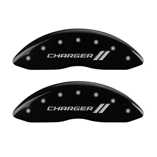 MGP 4 Caliper Covers Engraved Front & Rear With stripes/Charger Black finish silver ch - 12181SCH1BK