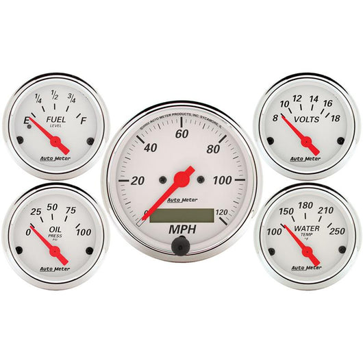 Autometer Arctic White 5 Pc Kit Box w/ Elec Speedo, Elec Oil Press, Water Temp, Volt, Fuel Level - 1302