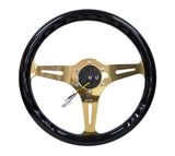 NRG Classic Wood Grain Steering Wheel (350mm) Black Grip w/Chrome Gold 3-Spoke Center - ST-015CG-BK