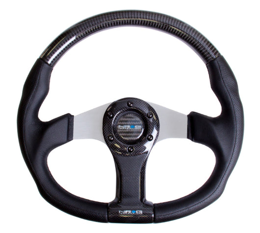 NRG Carbon Fiber Steering Wheel (350mm) Silver Oval Shape w/Leather Trim - ST-013CFSL